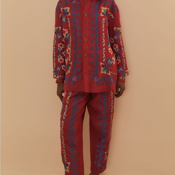 Red Floral Embroidery Jacquard Pants 💯 linen NWT - Picture 2 of 4